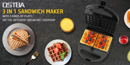 OSTBA 3-in-1 Sandwich Maker Panini Press Waffle Iron 750W Removable Non-Stick Plates for Grilling, Camping and Outdoor Meals