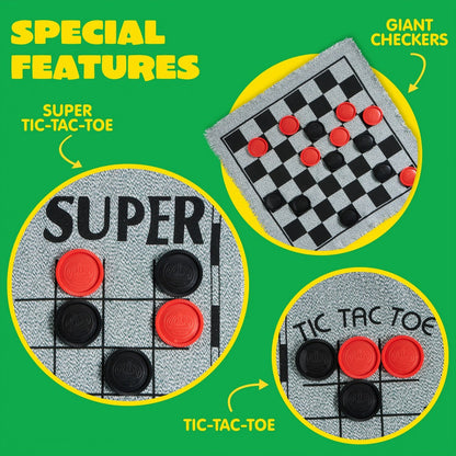 Giant Checkers Game 3-in-1 Set with Tic Tac Toe Reversible Mat 24 Oversized Pieces – Indoor Outdoor Family Board Game for Kids Adults