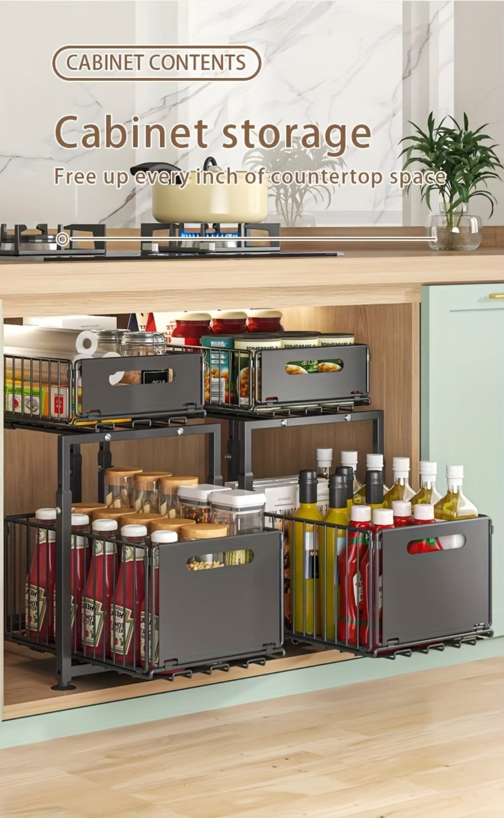 Under Sink Organizer 2-Tier Slide Out Pull Out Drawer Metal Basket Height Adjustable – Under Sink Cabinet Organizer for Kitchen Bathroom