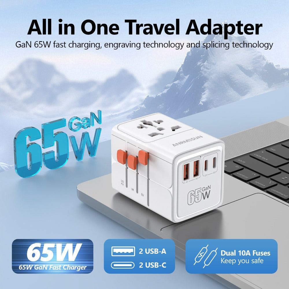 65W Universal Travel Adapter with 4 USB Ports - 2 USB-C & 2 USB-A Fast Charging, US EU UK AU Plugs