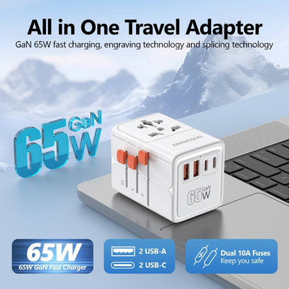 65W Universal Travel Adapter with 4 USB Ports - 2 USB-C & 2 USB-A Fast Charging, US EU UK AU Plugs