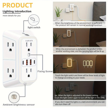 3-Sided Wall Outlet Extender 10-in-1 with 6 AC Outlets & 4 USB Ports (2 USB-A & 2 USB-C) for an Everyday Personal Care Routine