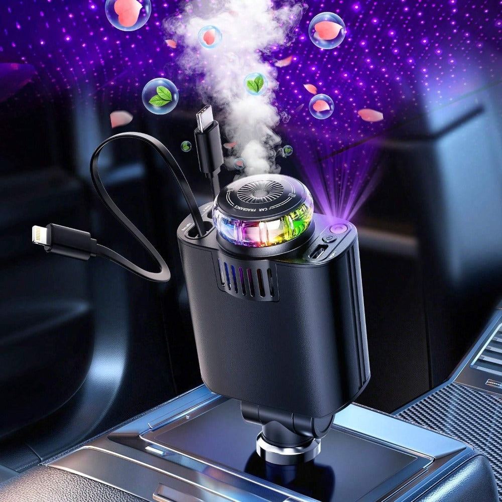 3-in-1 Car Charger Starlight Projector & Aroma Diffuser USB-C Port 2.6ft Retractable Cable Fast Charging Car Phone Charger with Blue Red