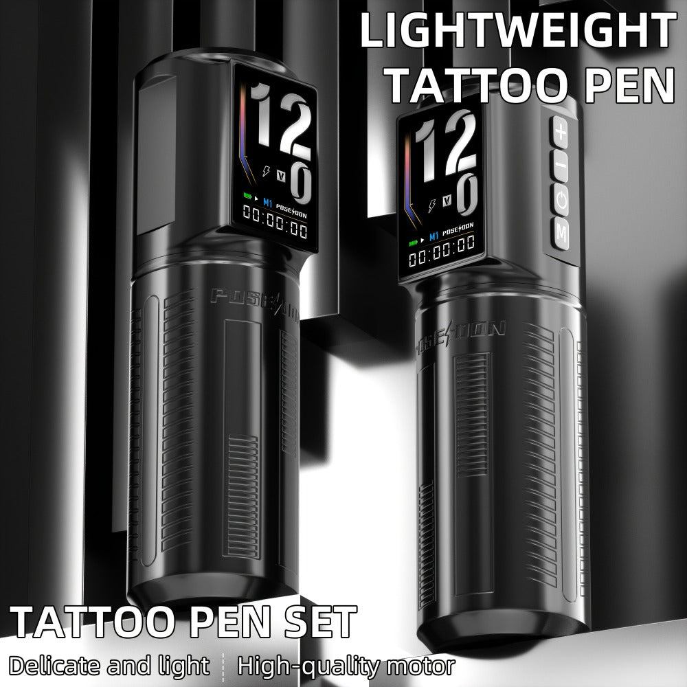 Tattoo Machine Kit POSEIDON BT29 Wireless Rotary Pen with LED Color Screen, 2300mAh Battery, 10 Cartridges and 11 Inks
