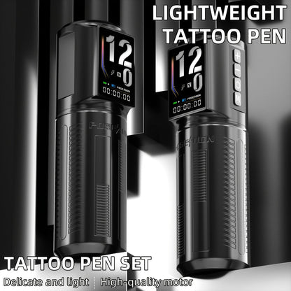 Tattoo Machine Kit POSEIDON BT29 Wireless Rotary Pen with LED Color Screen, 2300mAh Battery, 10 Cartridges and 11 Inks