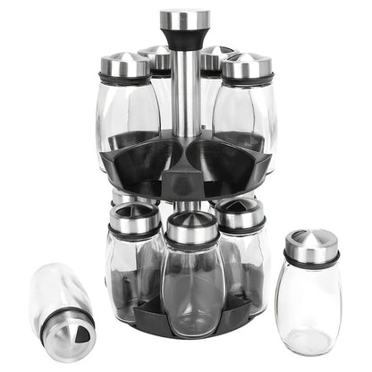 Glass Spice Jar Set with Rotating Rack, Airtight Kitchen Spice Organizer with 360° Stainless Steel Stand