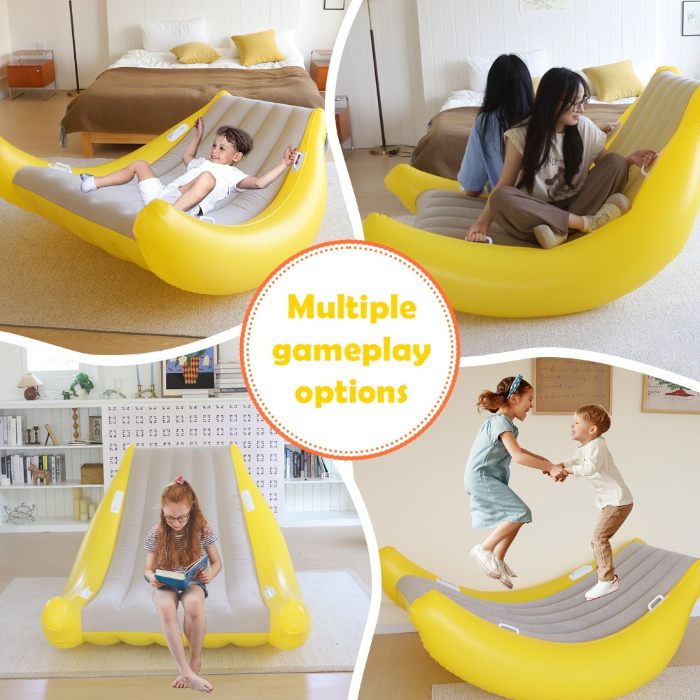 Yellow-and-Gray Banana-Shaped Inflatable Lounge Chair Set with Pictured Pump and 1 Set Checkout
