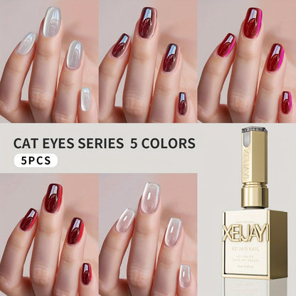Gel Nail Polish 5-Piece Magnetic Cat-Eye Set with Ruby, Raspberry, Blackberry, White-Moonlight and Clear Shades for UV/LED Cure