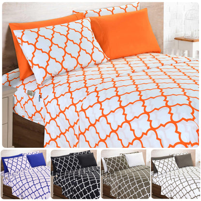 Bed Sheet Set Geometric Trellis Microfiber in Size-Dependent 4- or 6-Piece Configuration with 16-Inch Pocket