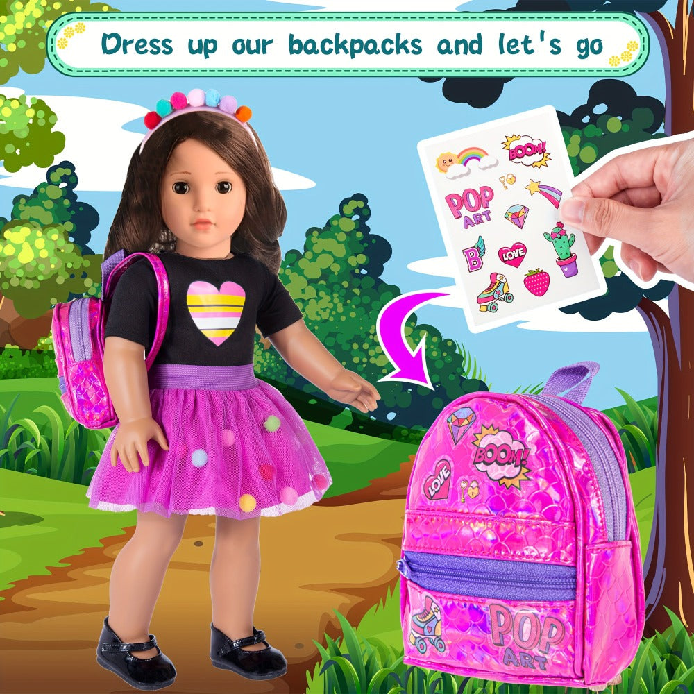 18 Inch Doll Travel Accessories Set 25 Pcs, Unicorn Suitcase Roller Skates Backpack Outfit Hairpins School Supplies