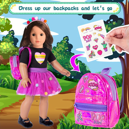 18 Inch Doll Travel Accessories Set 25 Pcs, Unicorn Suitcase Roller Skates Backpack Outfit Hairpins School Supplies
