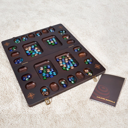 4-Player Mancala Game Set – Premium Solid Wood Folding Board with 108 Multi-Color Glass Stone Beads & Instructions