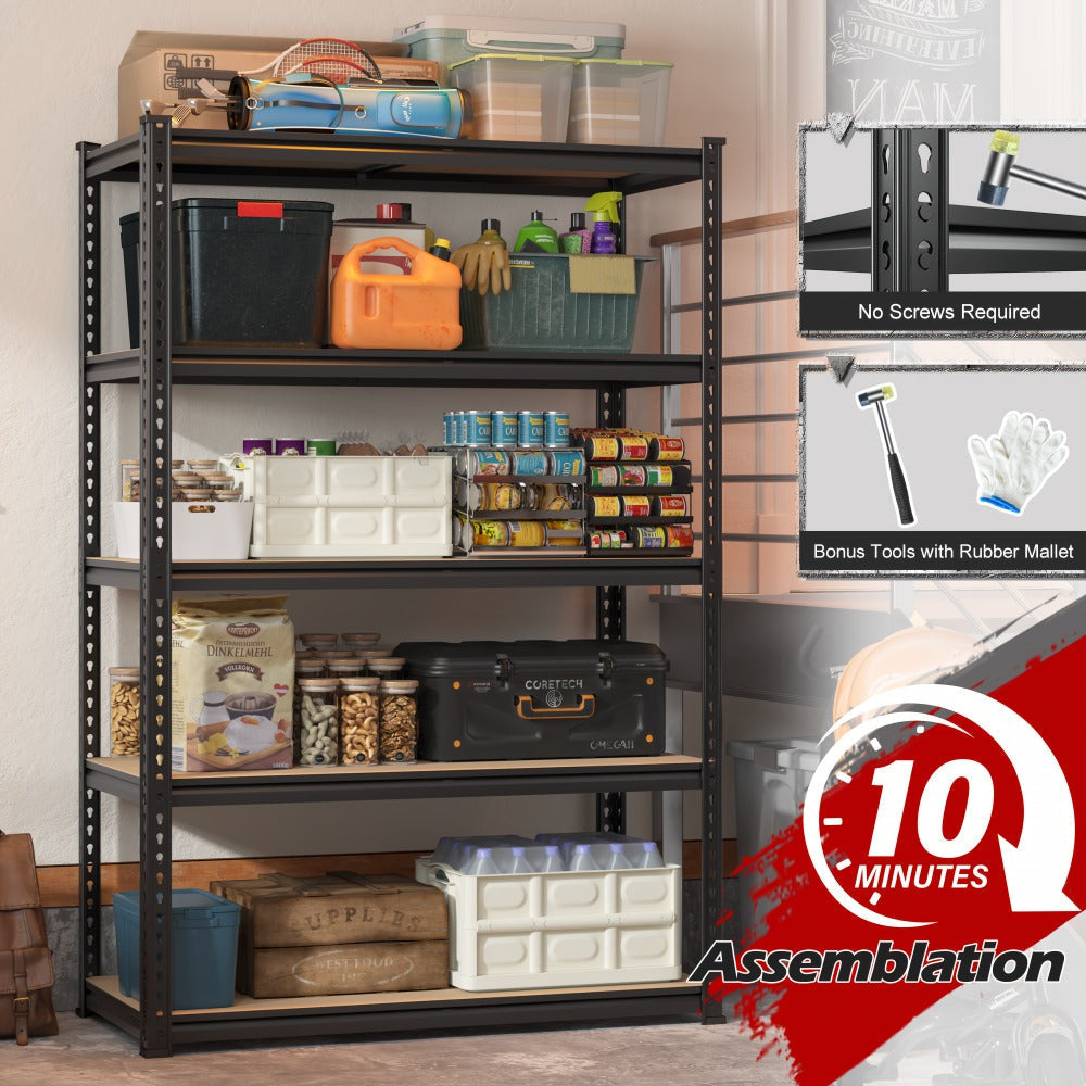 Garage Shelving 5-Tier Metal Storage Shelves Adjustable Steel Shelf Unit for Garage Basement Warehouse Easy Assembly Black Silver