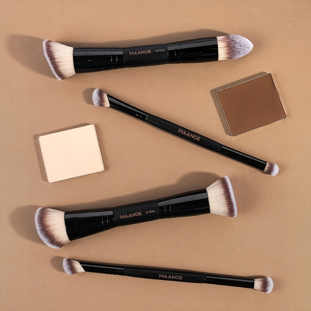 Makeup Brush Set, 4-Piece Double-Ended Travel Collection with Eight Brush Heads in Black-Beige or Black-Gold