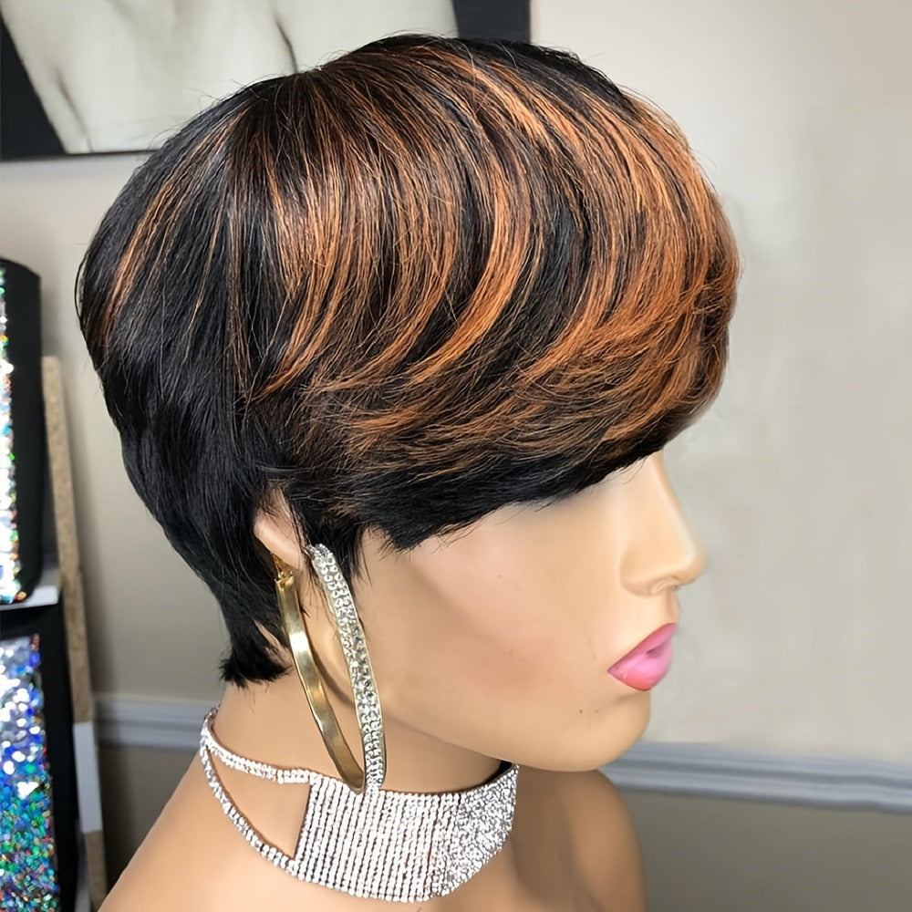 Synthetic Wig 4-Inch Layered Pixie with Bangs, Black-Blonde Look and Rose Net Cap for Daily Style