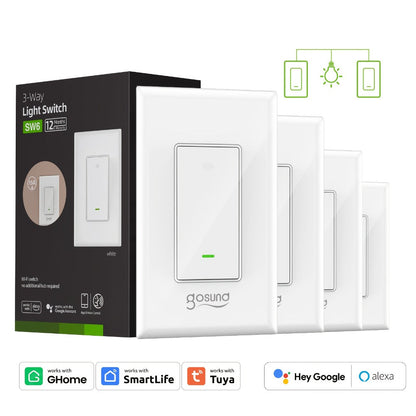White Single-Pole and 3-Way WiFi Wall Switch in One-, Two- or Four-Piece Packs with App, Voice and Timer Control