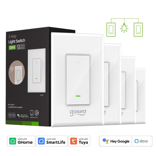 White Single-Pole and 3-Way WiFi Wall Switch in One-, Two- or Four-Piece Packs with App, Voice and Timer Control