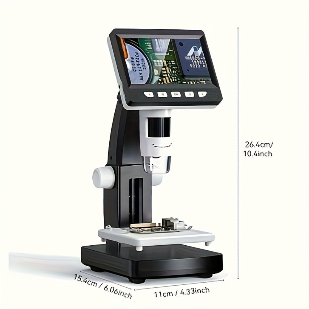 4.3-Inch Digital Microscope in Black or White with Eight LEDs and Compact Stand for Coin and Circuit Board Inspection