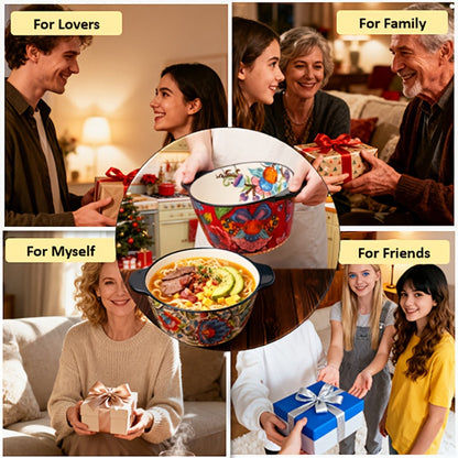 Giant Ceramic Extra-Deep Serving Bowl With Handles, 101oz, Bohemian Hand-Painted, Chip-Resistant