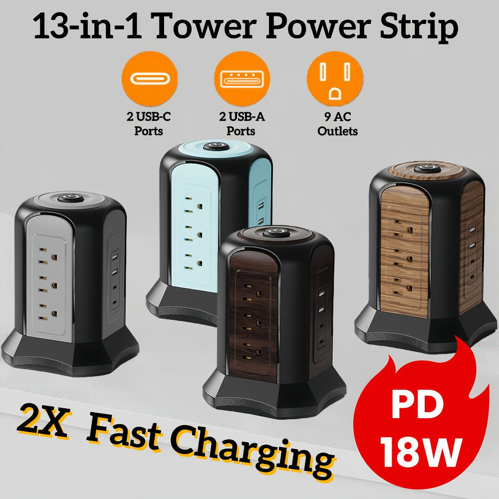 Surge- Power Tower 13-in-1 with Wireless Charger, 9 AC Outlets & 4 USB Ports (2 USB-C PD18W), 1080J Surge Protector