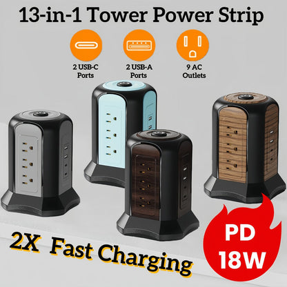 Surge- Power Tower 13-in-1 with Wireless Charger, 9 AC Outlets & 4 USB Ports (2 USB-C PD18W), 1080J Surge Protector
