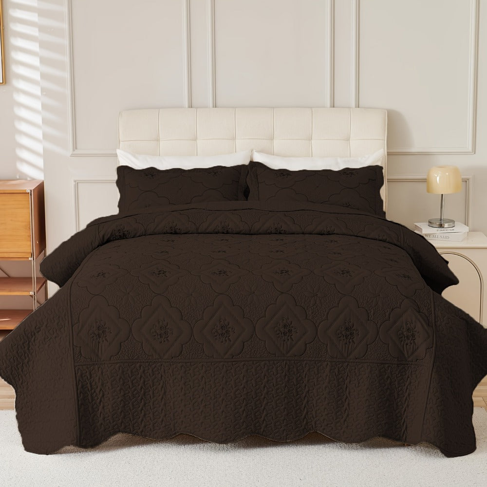 Quilt Set 3 Piece Floral Embroidery Bedspread – 100% Polyester Wrinkle Resistant Lightweight Quilted Coverlet with 2 Pillow Shams for Full