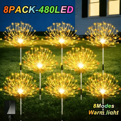 Solar Garden Lights Firework Stakes with 240/360/480 LEDs, 8 Modes, 4/8 Packs and Three Colors