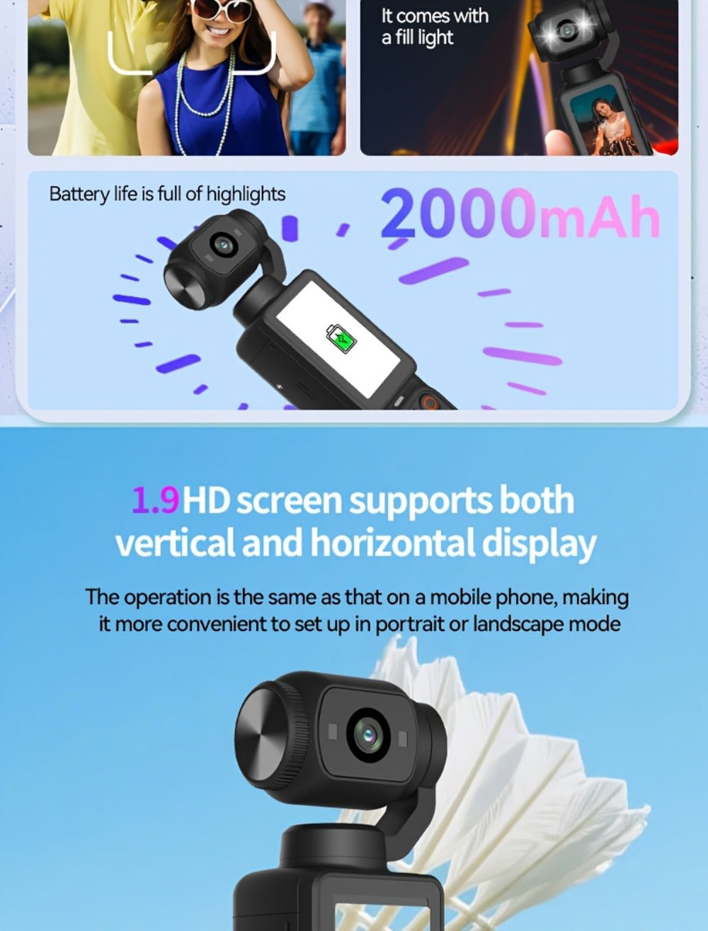 W&O 4K-Labeled Pocket Action Camera with 180-Degree Rotating Lens, 1.9-Inch Screen and 2000mAh Battery Marking