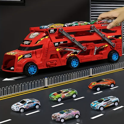 Transforming Launcher Truck Playset with 8 Alloy Cars, Foldable Storage Transporter Toy, Car Carrier Truck with Launch Ramp