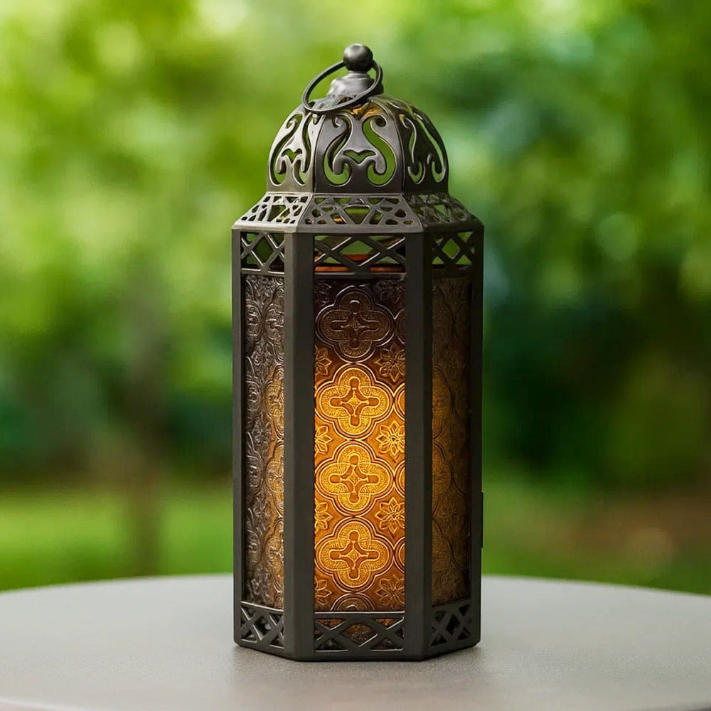 Moroccan Candle Lantern Holder - Decorative Metal & Glass Lantern with Embossed Floral Design for Indoor Home Decor