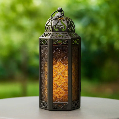 Moroccan Candle Lantern Holder - Decorative Metal & Glass Lantern with Embossed Floral Design for Indoor Home Decor