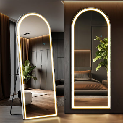 Full Length Mirror Floor Standing with LED Light – Arched & Rect Aluminum Frame Dressing Mirror for Bedroom Living Room, Black/Golden/White