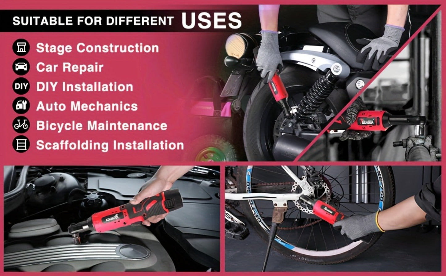 Cordless Electric Wrench QUAGGA 12V - 45Nm High Torque 3/8" Rechargeable Ratchet Wrench with Battery & Charger for Automotive