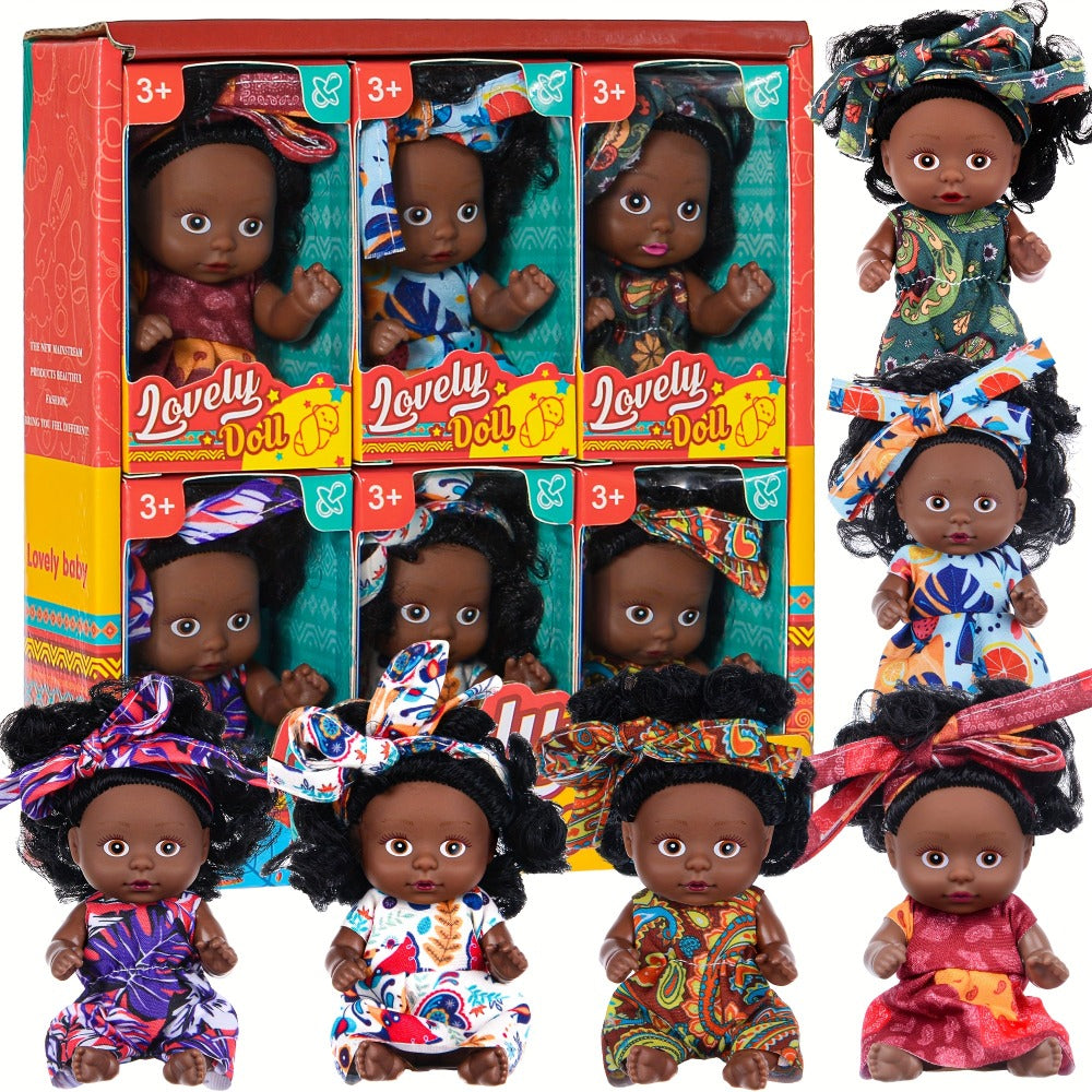 Miniature Girl Doll Set 6 Pcs 4 Inch Articulated Arms & Legs, Colorful Outfits Printed Headscarf