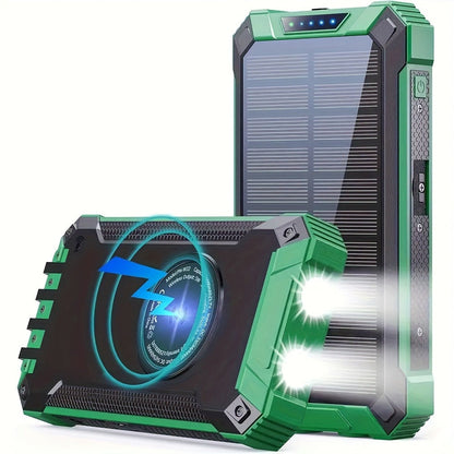 Solar Power Bank 40000mAh with Built-in 4 Cables & 15W Wireless Charging – 6 Outputs 3 Inputs Dual LED Flashlight Portable Charger