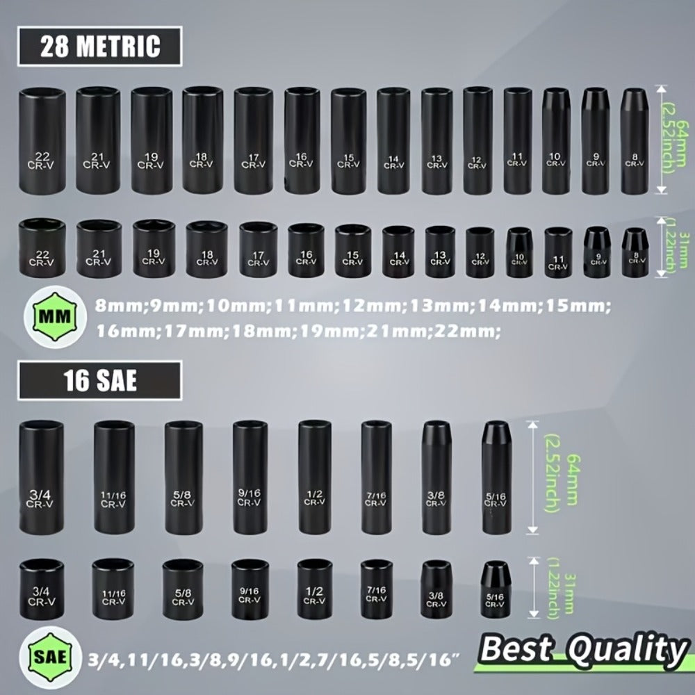 Impact Socket Set 3/8" Drive CR-V – 15/92 Piece Metric & SAE 6-Point with Ratchet Handle Adapter Storage Box for Auto Repair Mechanic DIY