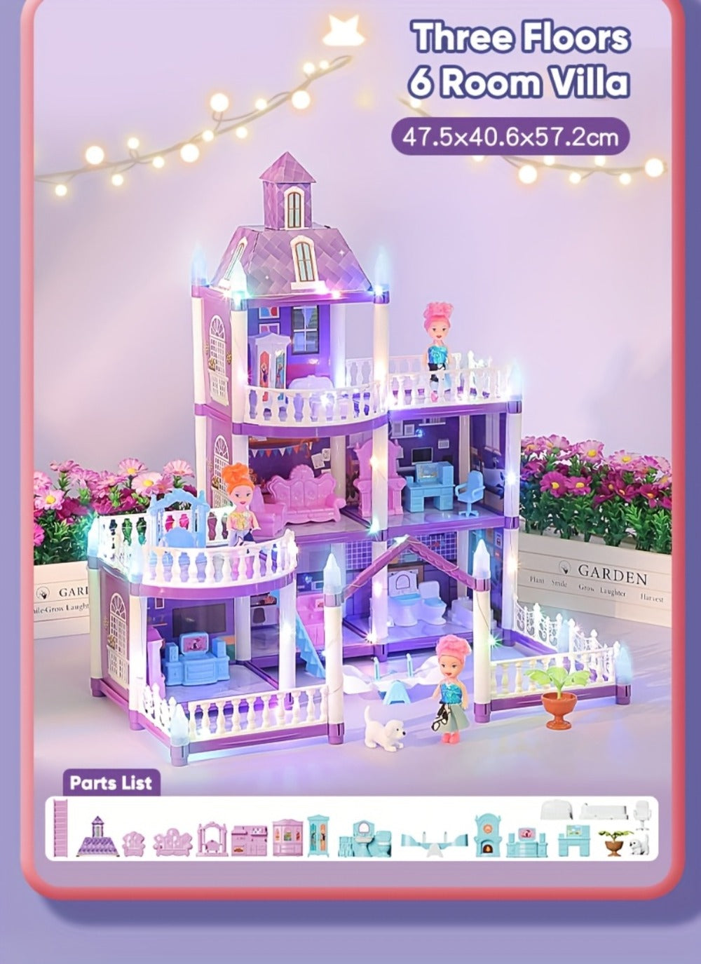 LED Dollhouse Playset for Girls, Purple Multi-Room Playhouse with Doll Figures, Puppies, Furniture & LED Lighting