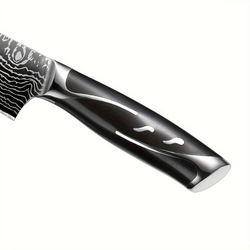 Kitchen Knife Set 7-Piece Damascus-Pattern Stainless Steel with Four Knives, Shears, Honing Rod and Rotating Block