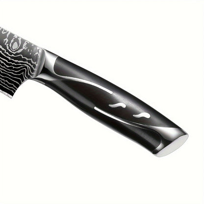 Kitchen Knife Set 7-Piece Damascus-Pattern Stainless Steel with Four Knives, Shears, Honing Rod and Rotating Block