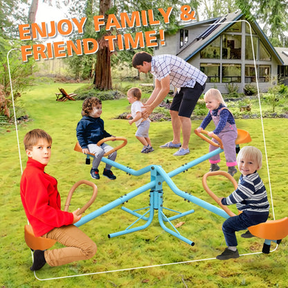 4-Seat Metal Seesaw for Kids Outdoor Backyard Playground – 360 Degree Rotating Teeter Totter with Three-Axle Swivel Design
