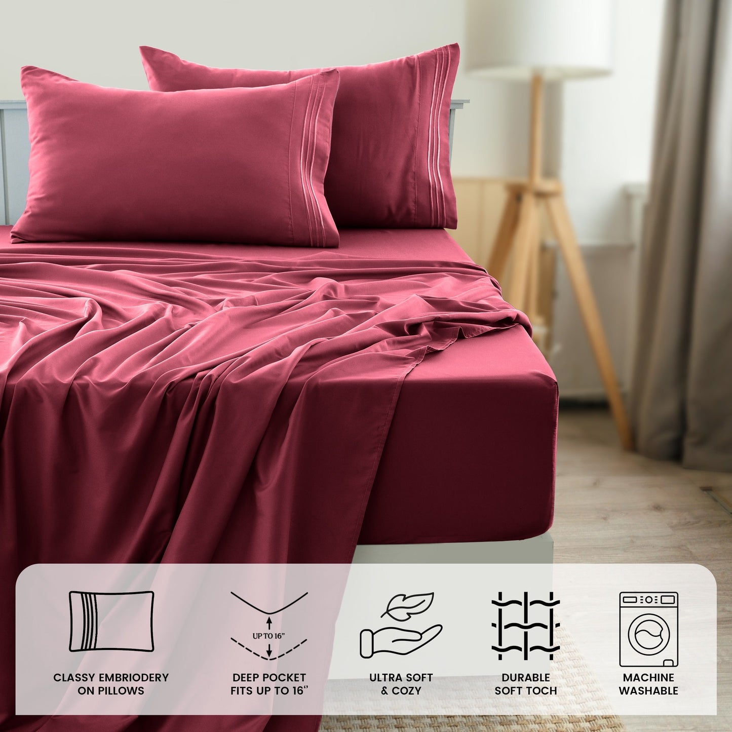 Fitted Sheet Set 6-Piece Brushed Polyester Deep Pocket Bed Sheets 20 Colors Hotel Luxury Bedding with Embroidered Pillowcases