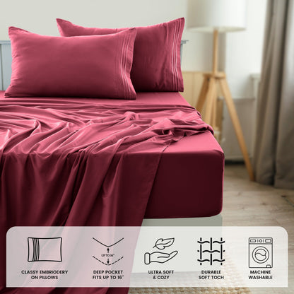 Fitted Sheet Set 6-Piece Brushed Polyester Deep Pocket Bed Sheets 20 Colors Hotel Luxury Bedding with Embroidered Pillowcases
