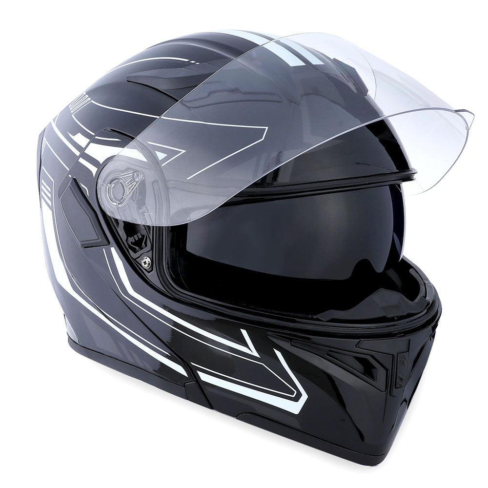 Motorcycle Helmet Modular Flip-Up Full-Face Shell with Dual Visors, S-XL Sizes and Arrow, Storm or Glossy Styles
