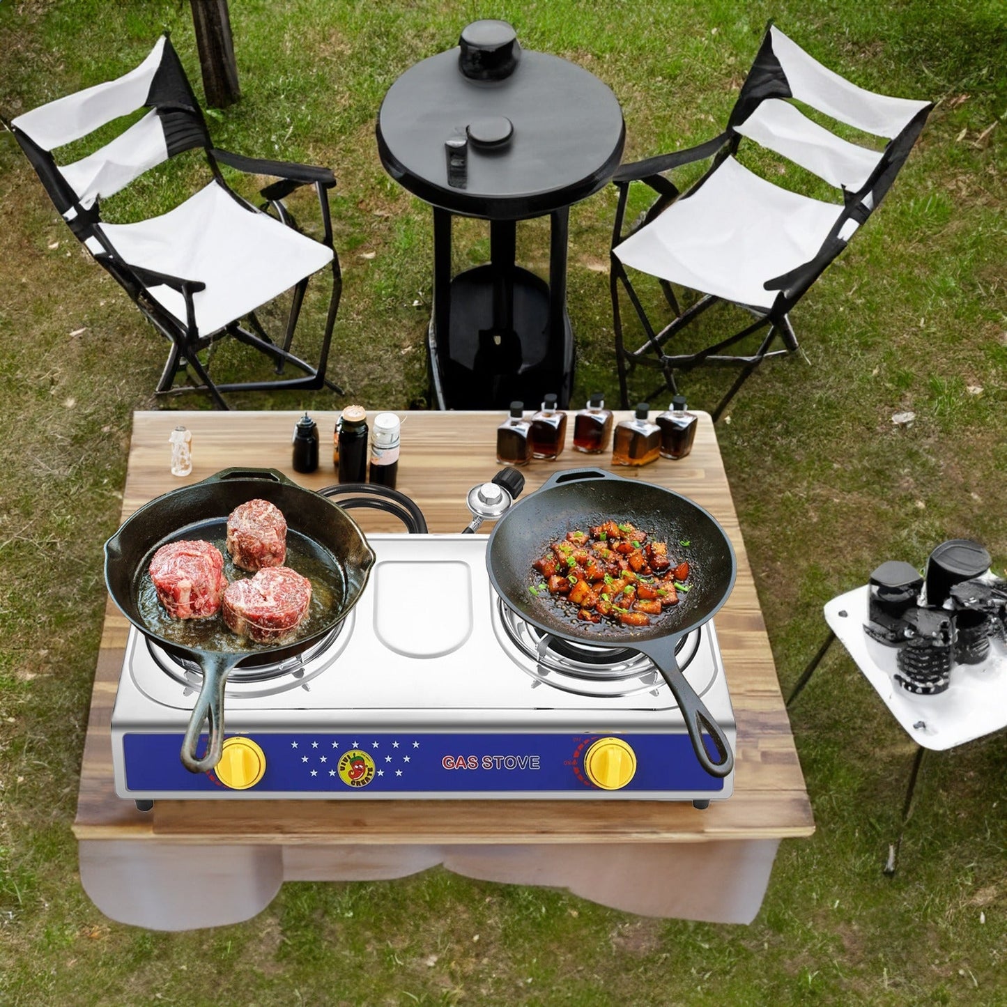 Propane Camping Stove Single & Double Burner, Stainless Steel Gas Cooker with Auto Ignition for Outdoor Cooking