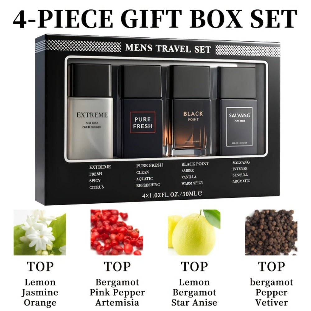 Perfume Gift Set for Men with Four 30ml Eau de Parfum Sprays in Black Box and Separate 1.5oz Body Mist