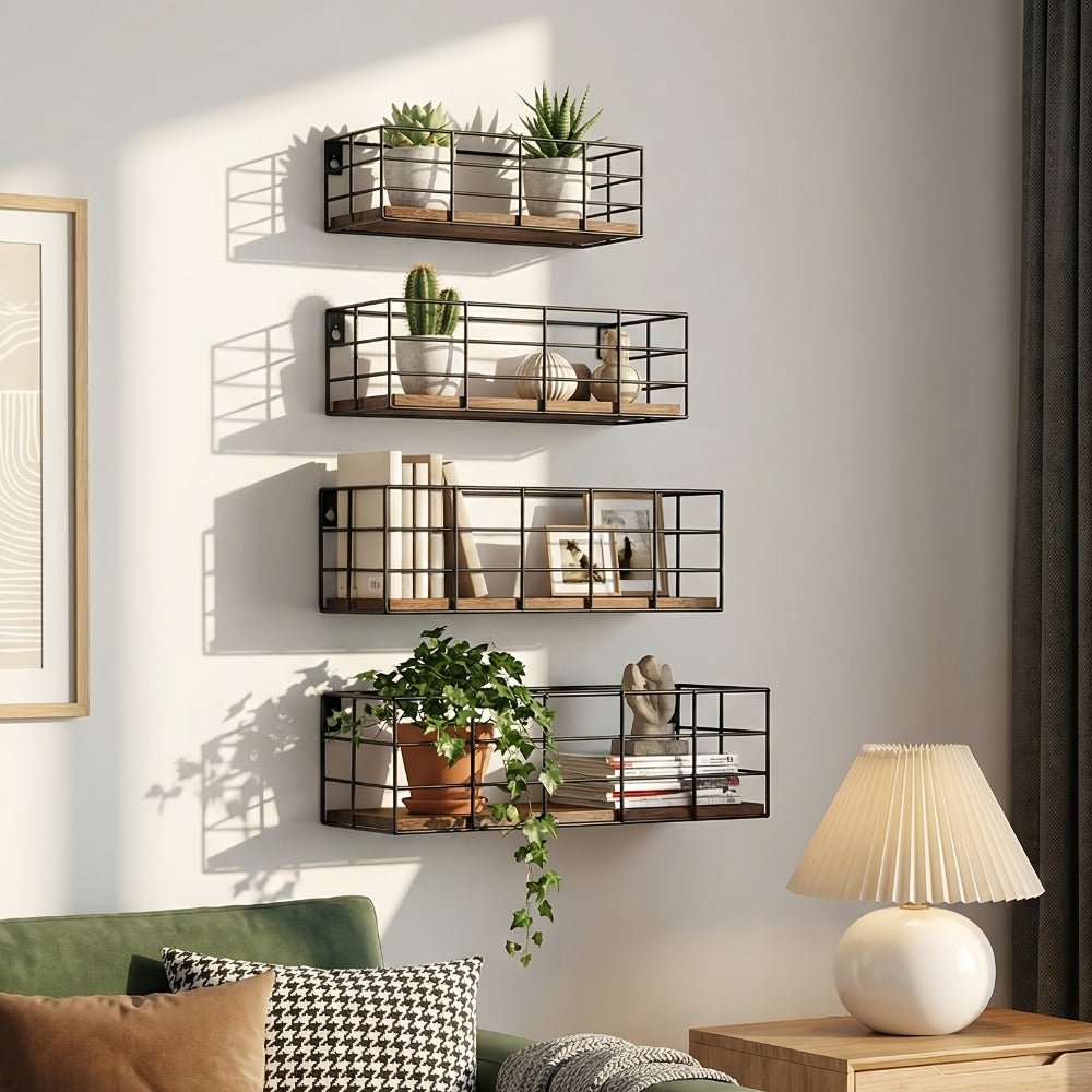 Wire Basket Wall Shelf Set with Wood-Look Bases and Four-Piece or Six-Piece Size Assortments