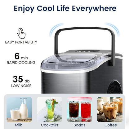 Pebble Ice Maker Countertop, /24H, 2 Ice Cube Sizes, Sonic Bullet Ice Machine, Auto-Cleaning, Stainless Steel