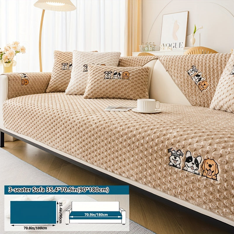 Sofa Cover, Honeycomb Velvet Animal-Embroidered Couch Pad with Backing Detail in Three Colors