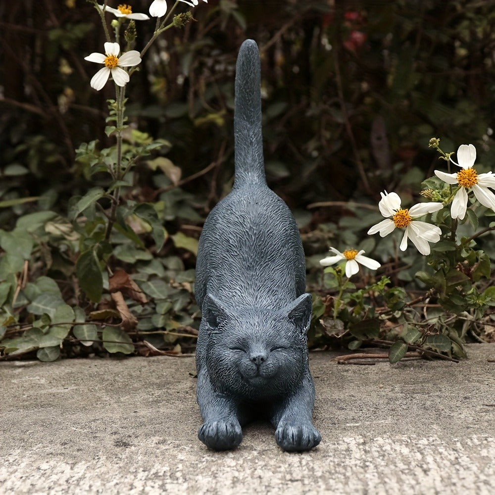 Yoga Cat Statue Hand-Painted Stretching Cat Figurine Grey Resin Decorative Sculpture for Home Office for Garden, Patio and Yard Use