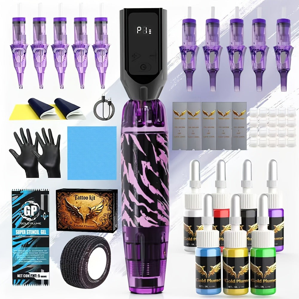 Tattoo Machine Kit GOLDPLUME TM-74 Wireless Rotary Pen with 1500mAh Battery, 10 Cartridges and 7 Ink Bottles